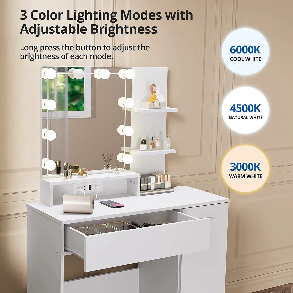 White Vanity Desk with Charging Station and Drawer O18241