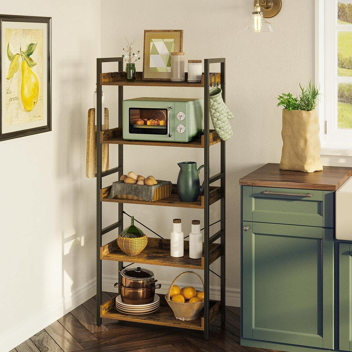 5 Tier Wood Bookshelf with 4 Hooks D48375