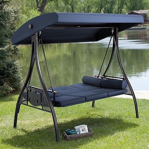3 Person Outdoor Porch Swing with Cup Holder, Canopy, Cushions A2044