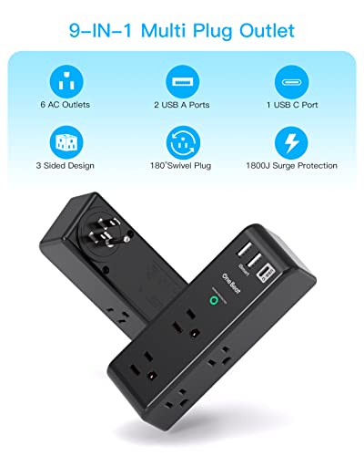 Surge Protector Outlet Extender with Rotating Plug, 6 AC Outlets and 3 USB Ports Z549