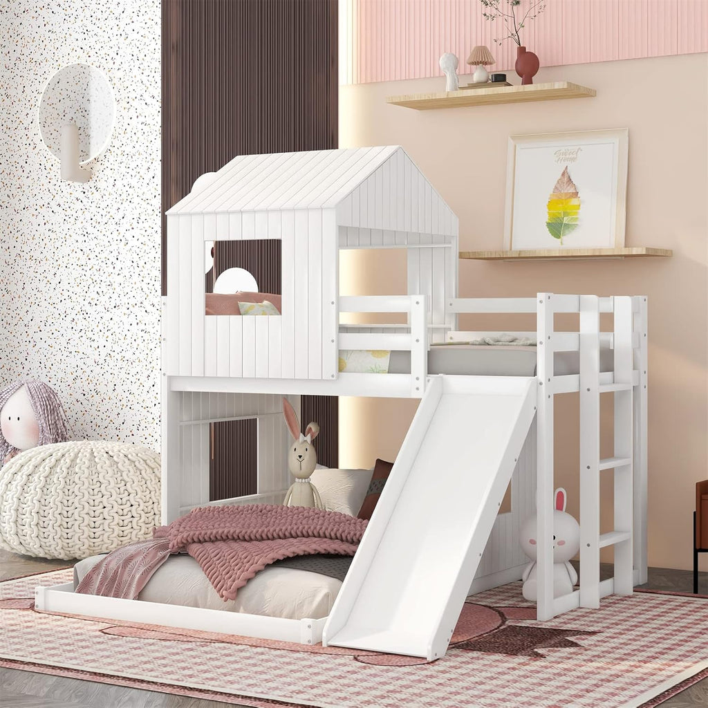 White Twin Over Twin Wood Bunk Bed with Slide and Storage Staircase O469582