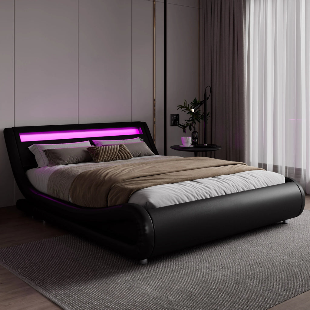 Queen Size Upholstered Bed Frame with LED Headboard, Black N186