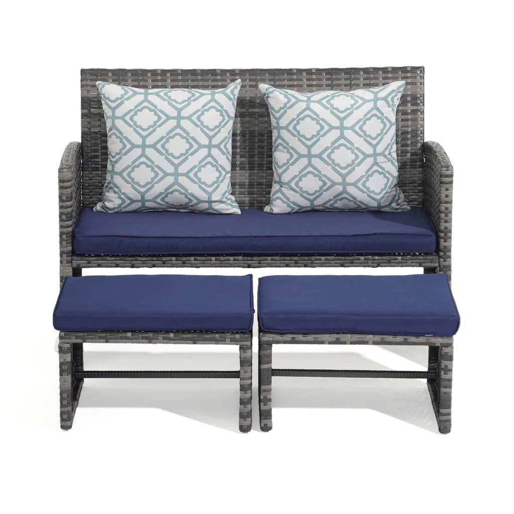Grey Wicker Outdoor Loveseat with Ottoman and Pillows S747