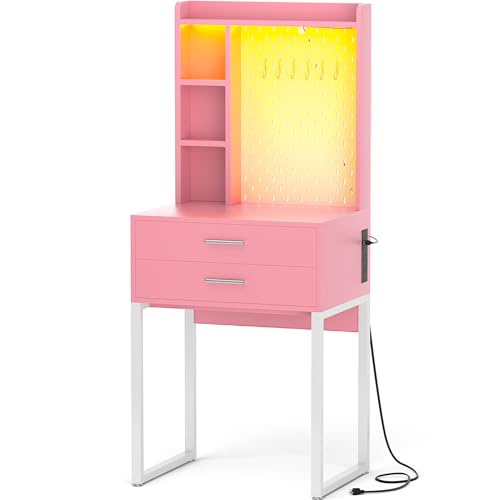 Pink Vanity Desk with Hutch and Drawers and LED Lights S877476