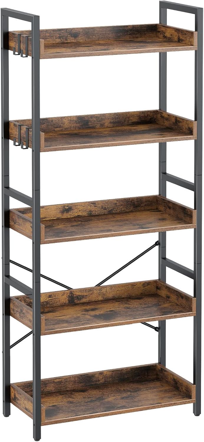 5 Tier Wood Bookshelf with 4 Hooks D48375