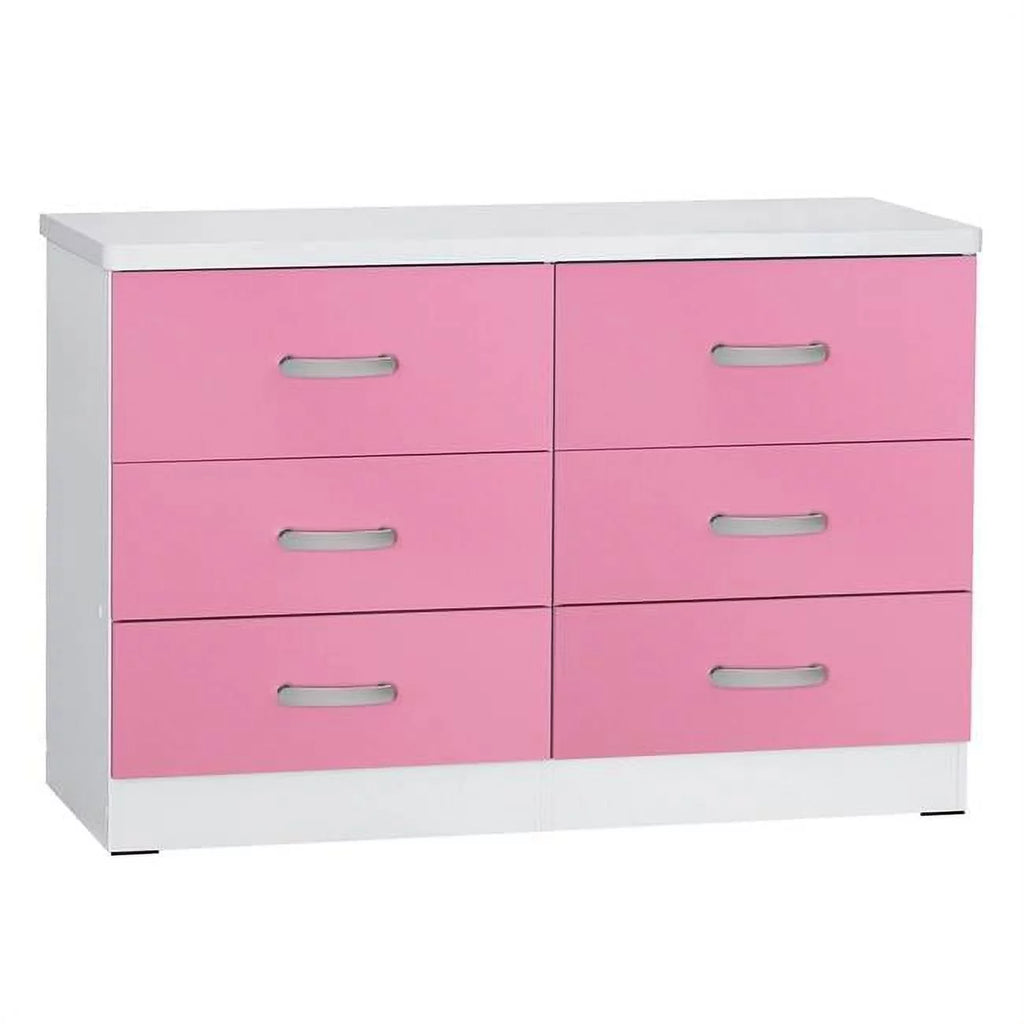 White & Pink 6 Drawer Wooden Double Dresser U1006