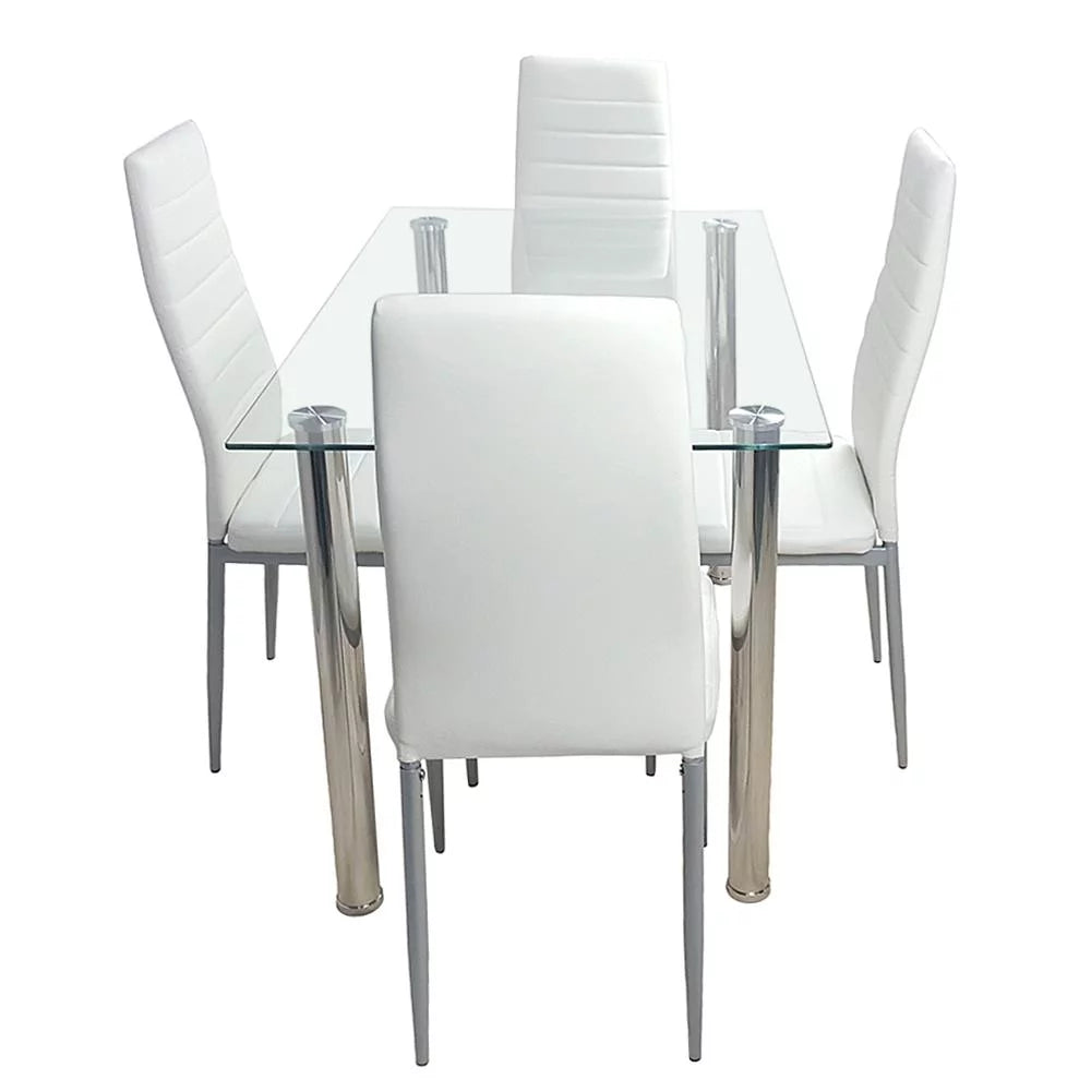 5-Piece Dining Table Set with Glass Tabletop and 4 Faux Leather Chairs P688