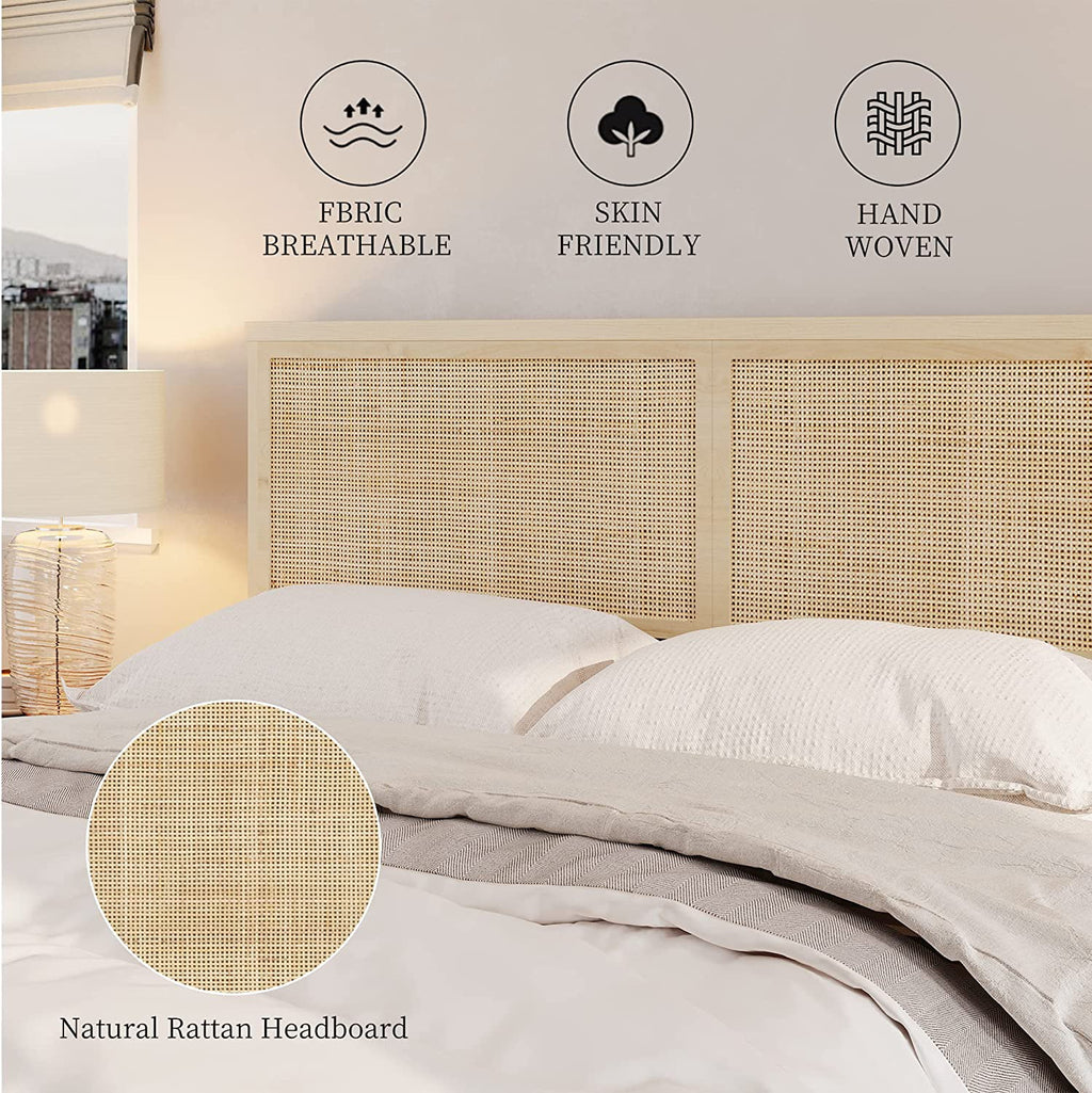 Natural Rattan Queen Bed Frame with Wooden Headboard and 4 Storage Drawers K2078