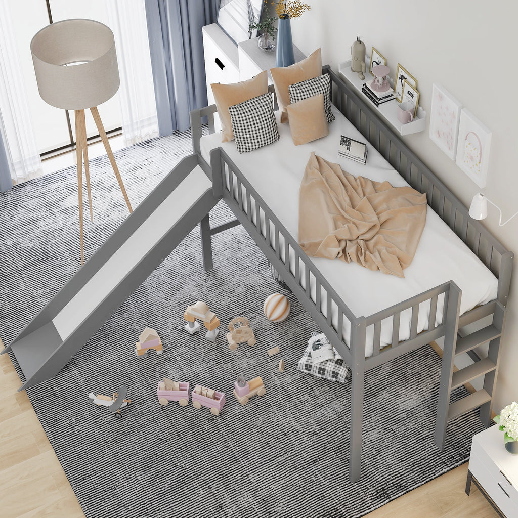 Wood Twin Loft Bed with Ladder and Slide, Gray Z972