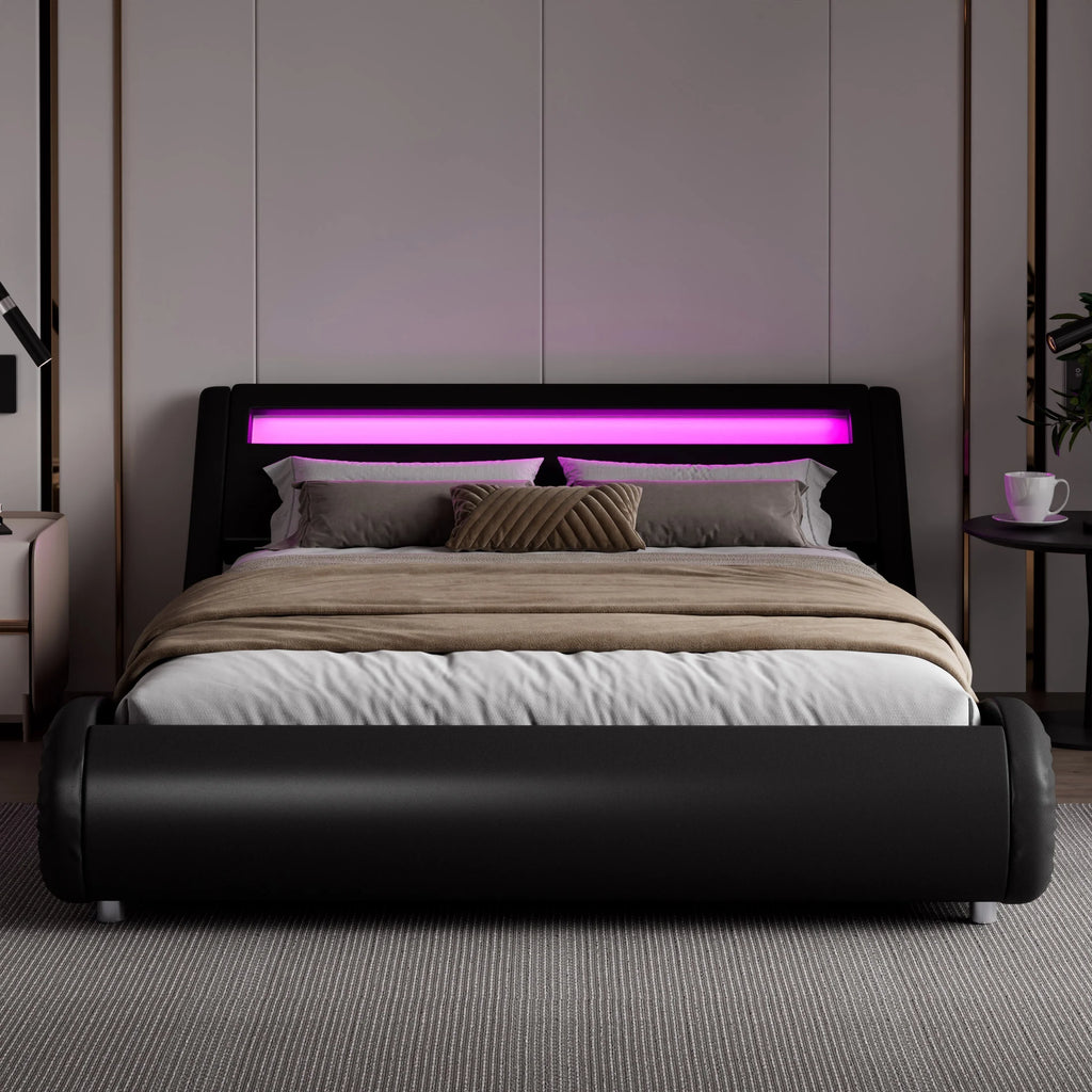 Queen Size Upholstered Bed Frame with LED Headboard, Black N186