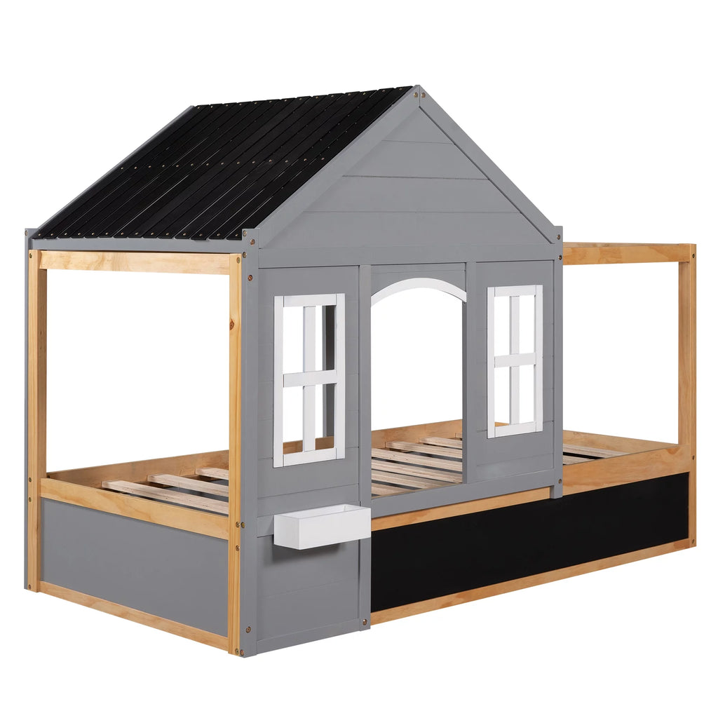 Wood Twin Size House Bed with Roof and Blackboard W1271
