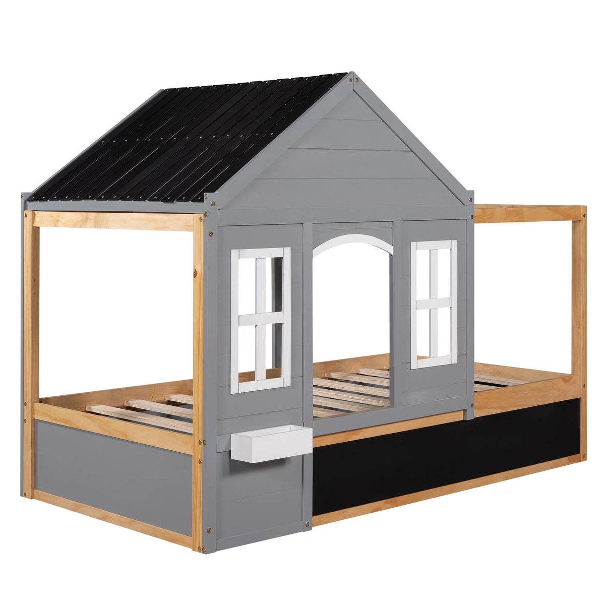 Wood Twin Size House Bed with Roof and Blackboard W1271