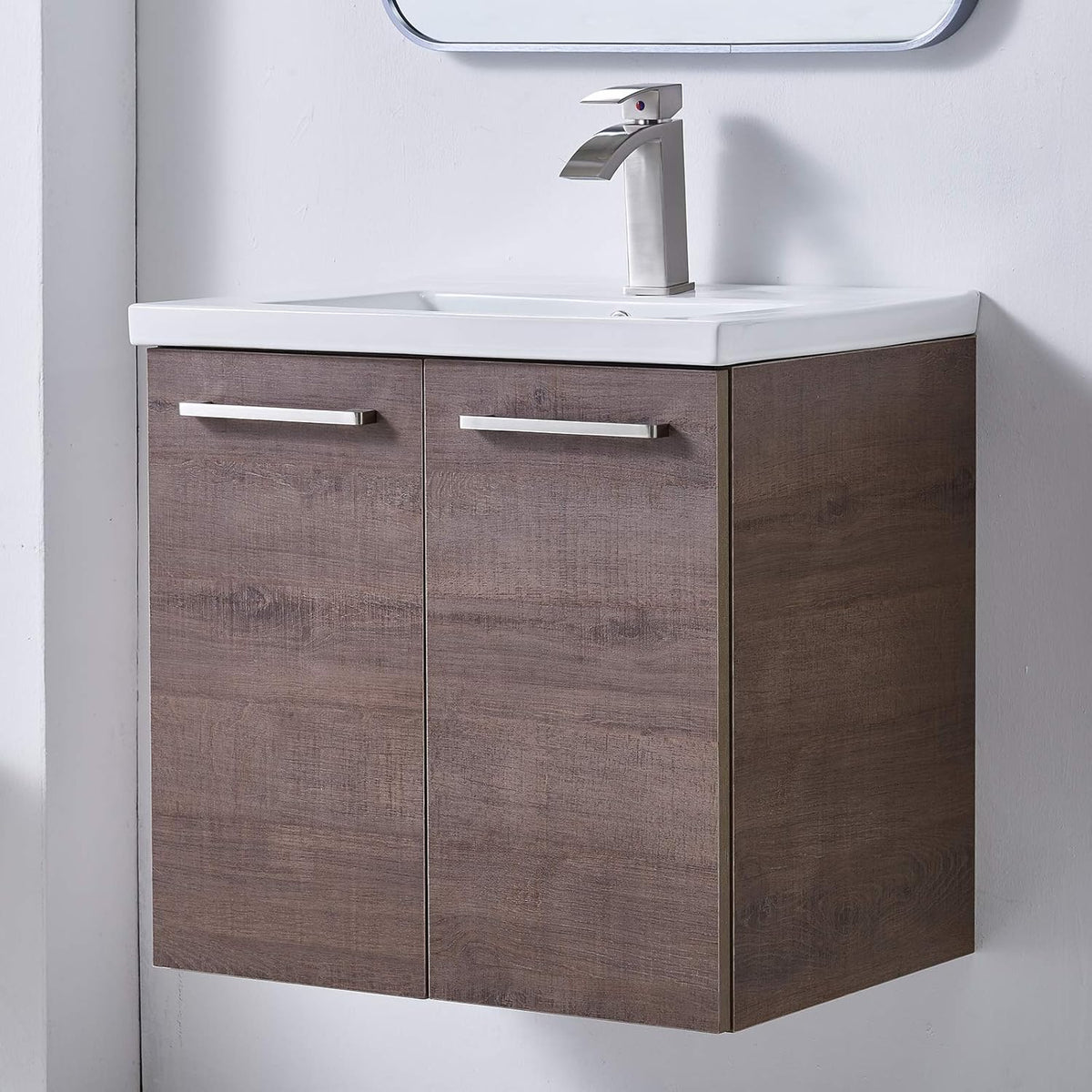 Grey Wood Grain 2-Door Bathroom Vanity with White Ceramic Sink V5436