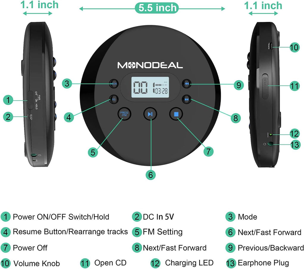 Portable CD Player with FM Transmitter, Anti-Skip Protection, Headphones, Pack of 2 I411681