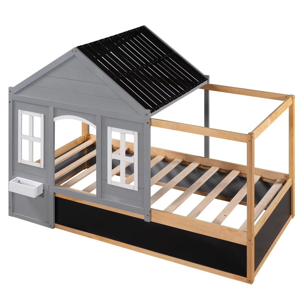 Wood Twin Size House Bed with Roof and Blackboard W1271