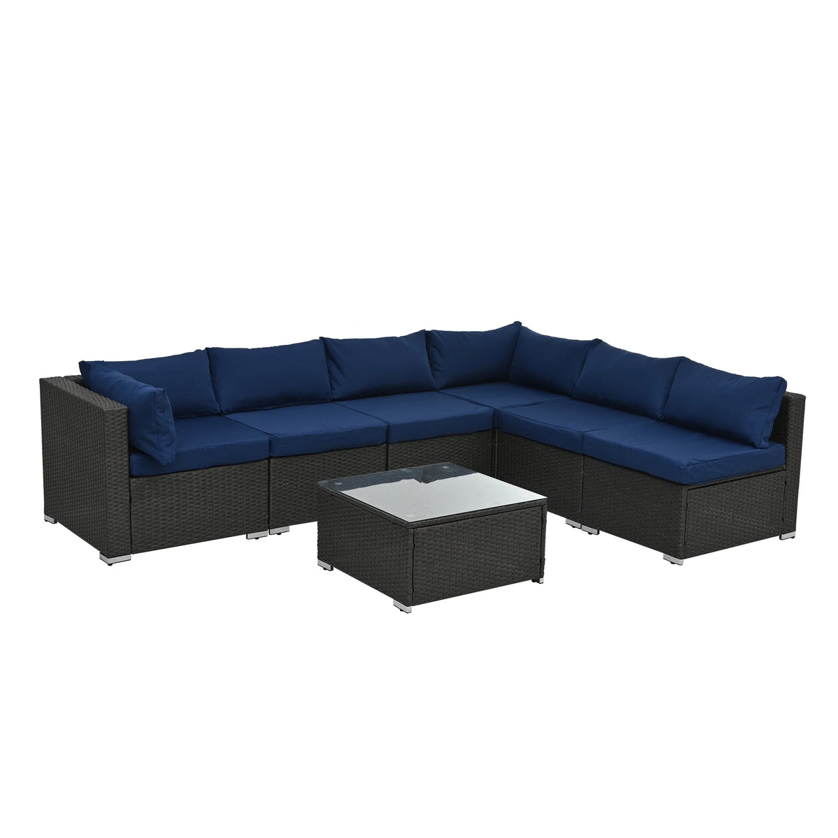 7 Piece PE Rattan Patio Furniture Set with Cushions and Glass Coffee Table Y4333