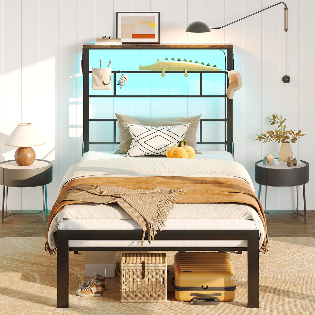 Queen Size Black Metal Platform Bed Frame with Storage Headboard R90780