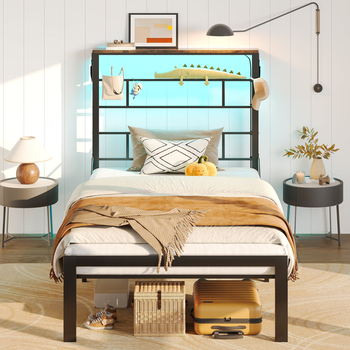Queen Size Black Metal Platform Bed Frame with Storage Headboard R90780