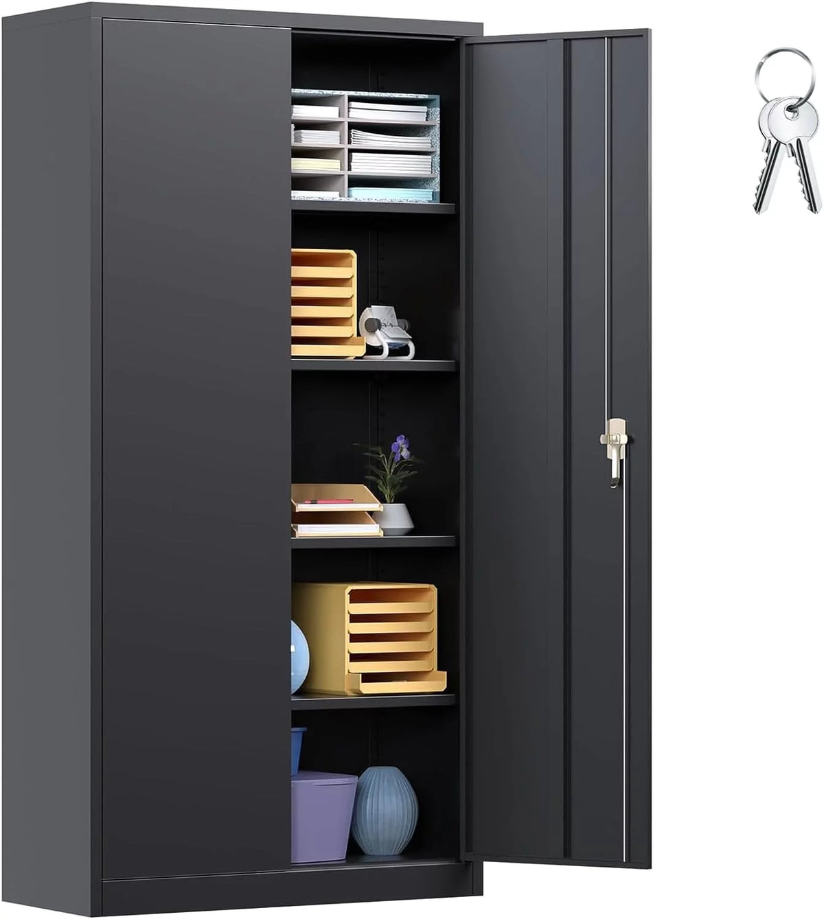 71 In Black Metal Storage Cabinet with Locking Doors and Adjustable Shelves M9855