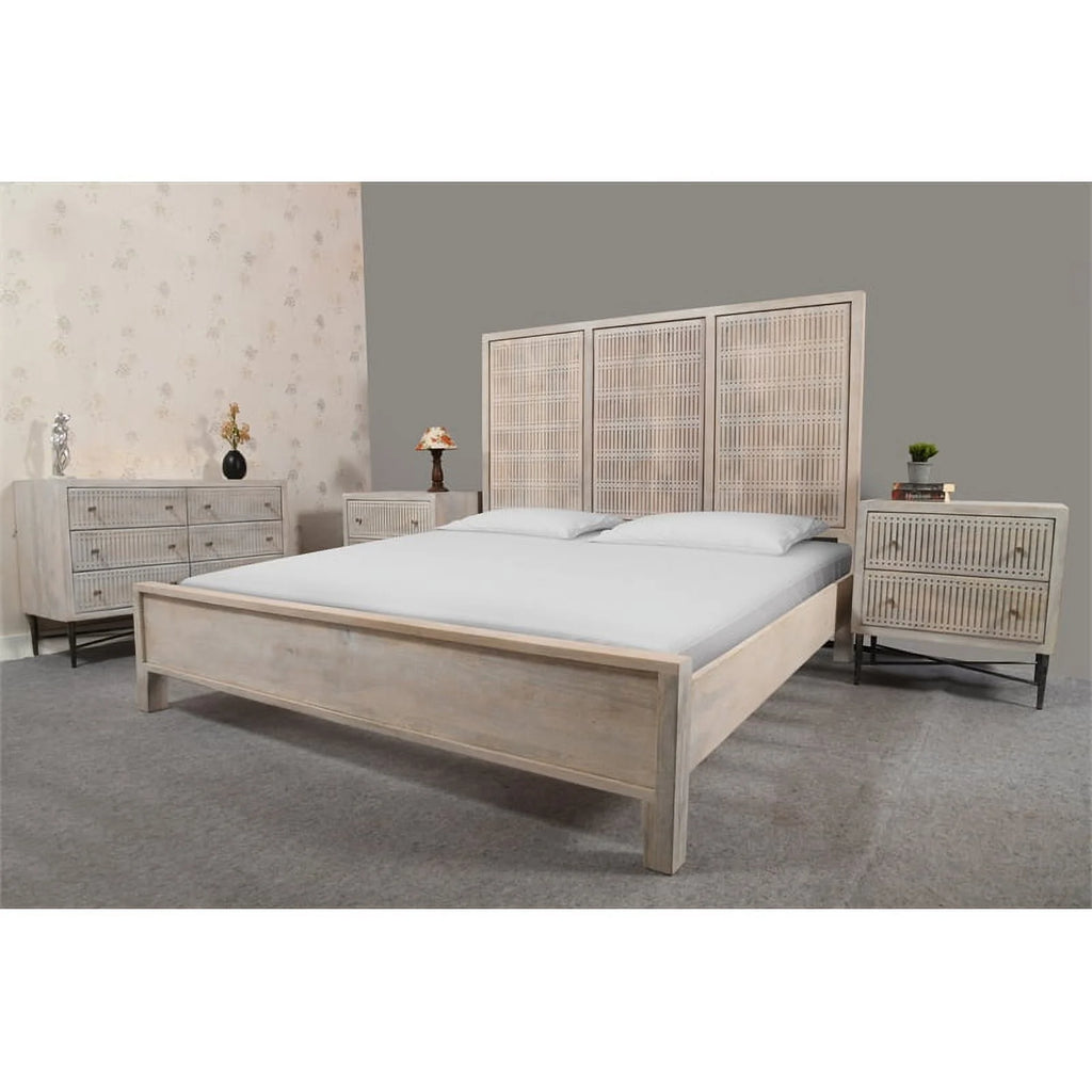 King Sized Solid Wood Bed Brushed Ivory J9068