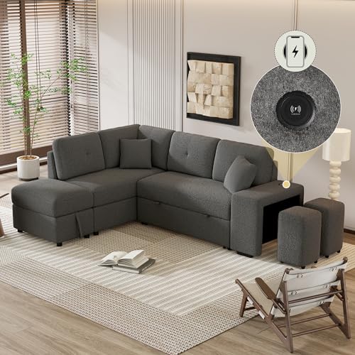 Cream Chenille L Shape Sleeper Sofa with Storage Ottoman and 2 Stools C8770