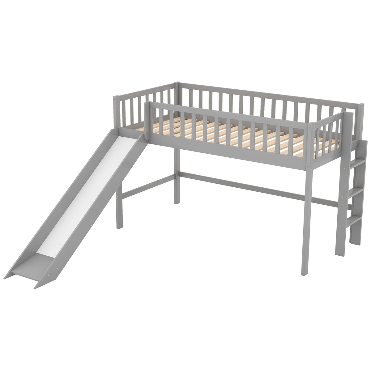 Wood Twin Loft Bed with Ladder and Slide, Gray Z972
