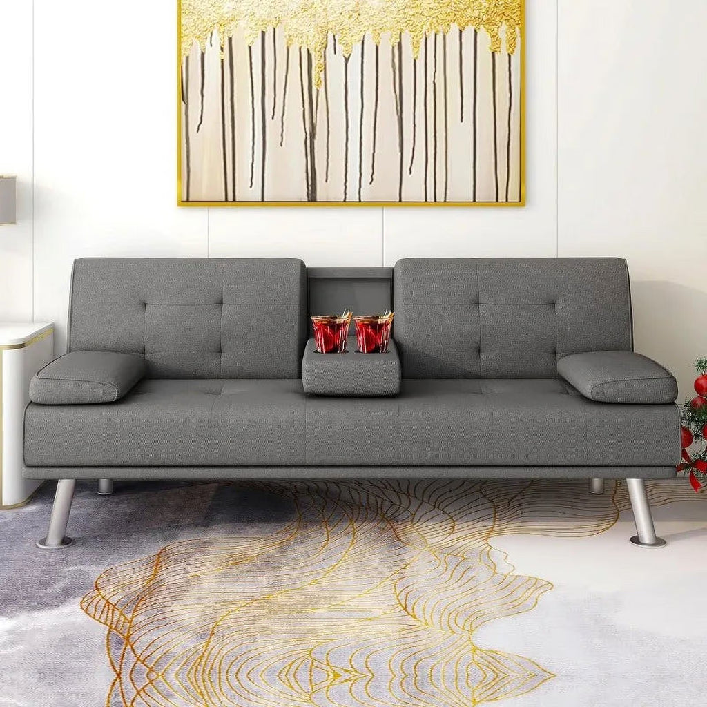 Linen Fabric Futon Sofa Bed with 2 Cup Holders and Pillows J555