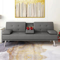 Linen Fabric Futon Sofa Bed with 2 Cup Holders and Pillows J555
