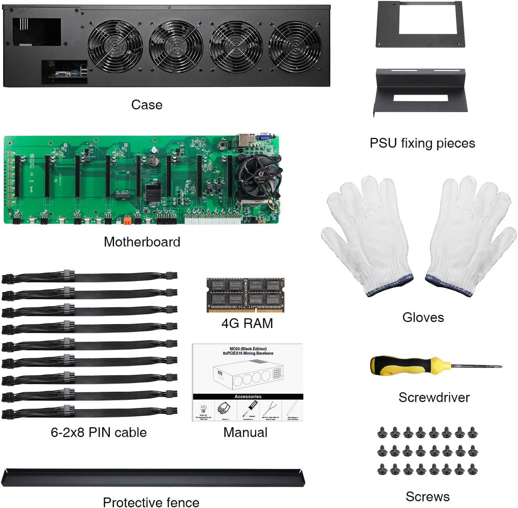 8 Ports GPU Mining Frame Case with 4 Cooling Fans Black A6328