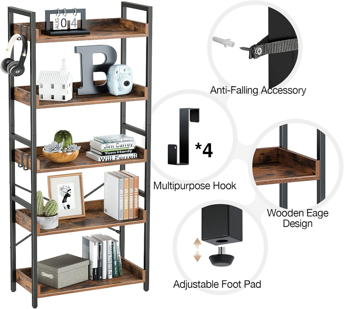 5 Tier Wood Bookshelf with 4 Hooks D48375