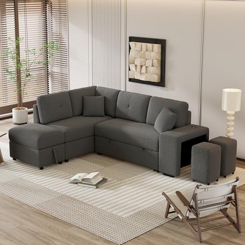 Cream Chenille L Shape Sleeper Sofa with Storage Ottoman and 2 Stools C8770