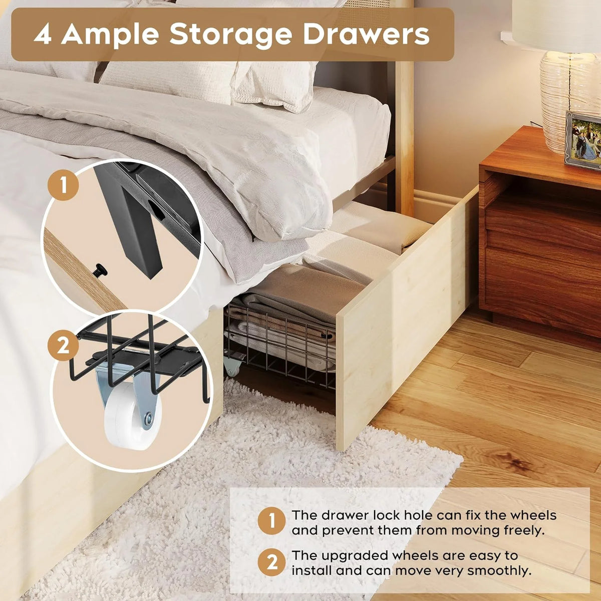 Natural Rattan Queen Bed Frame with Wooden Headboard and 4 Storage Drawers K2078