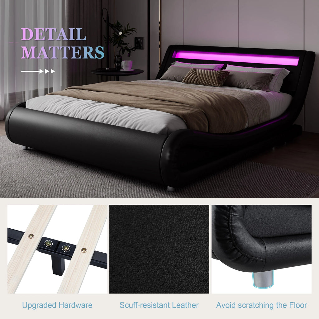Queen Size Upholstered Bed Frame with LED Headboard, Black N186