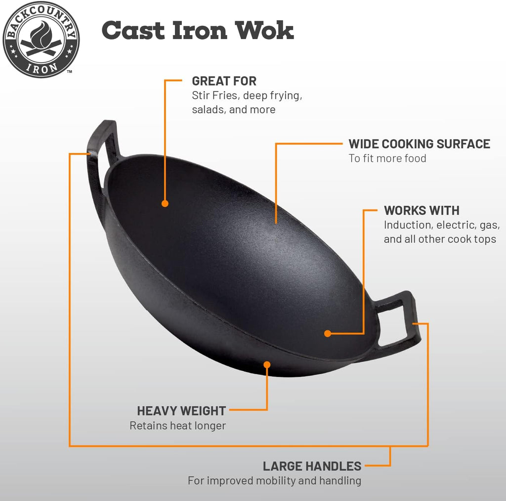 14 inch Cast Iron Wok with Flat Base and Handles H740