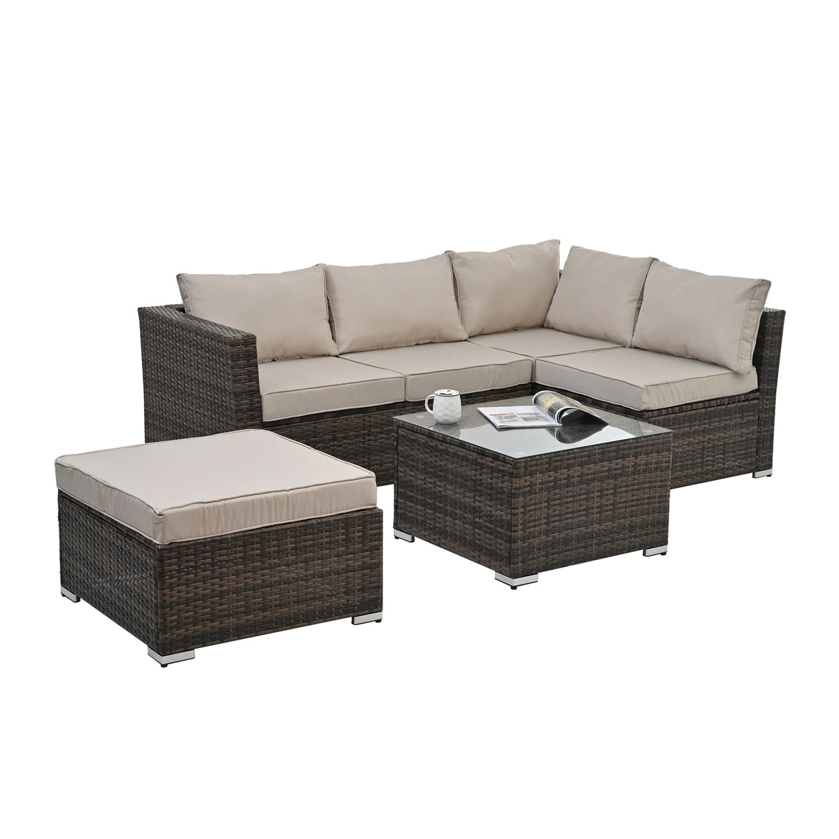 4 Piece All Weather Wicker Rattan Patio Sofa Set with Cushion and Glass Table A63835