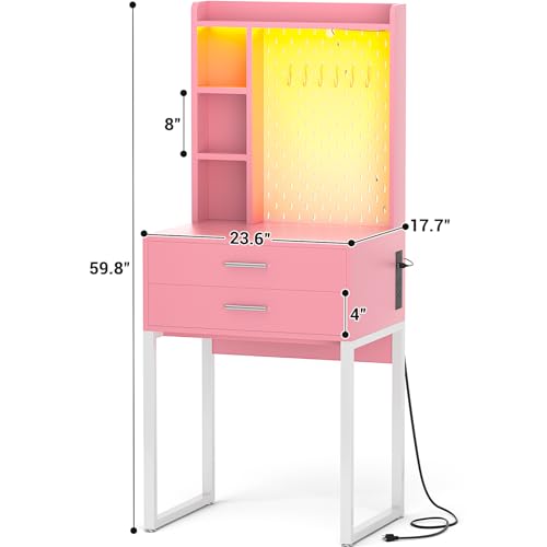 Pink Vanity Desk with Hutch and Drawers and LED Lights S877476
