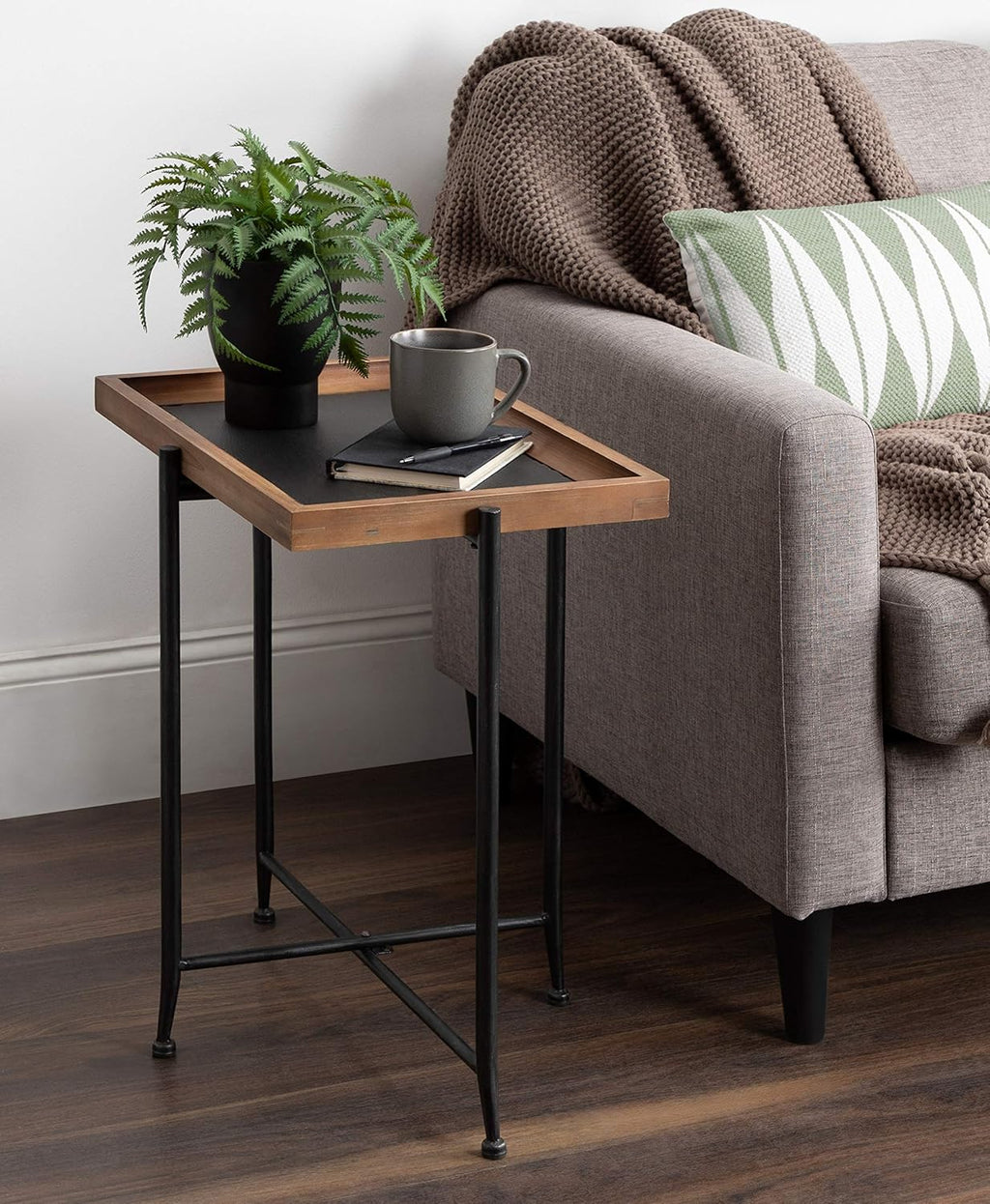 Industrial Modern Wood and Slate Side Accent Table with Black Iron Metal Base J244