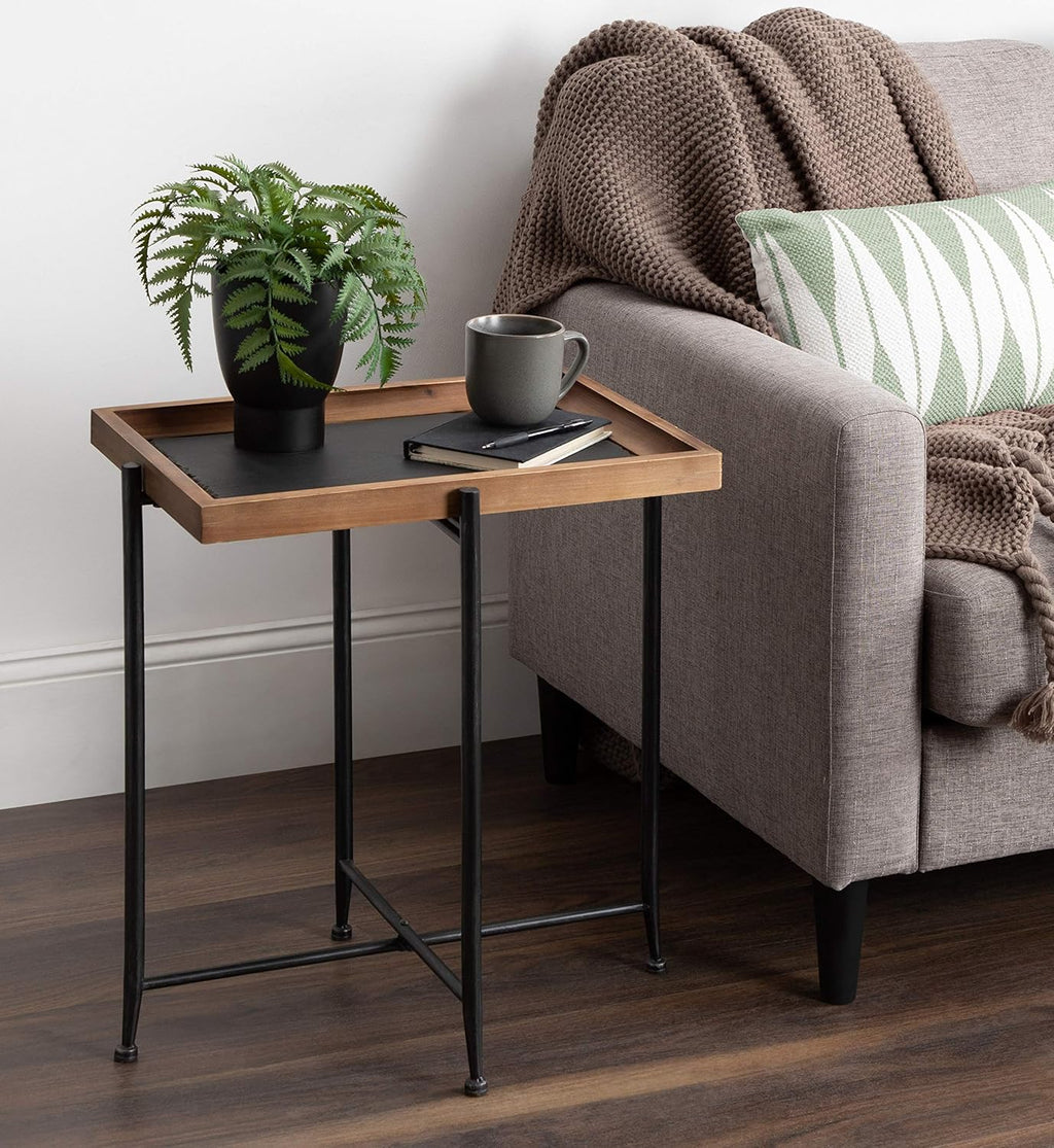 Industrial Modern Wood and Slate Side Accent Table with Black Iron Metal Base J244