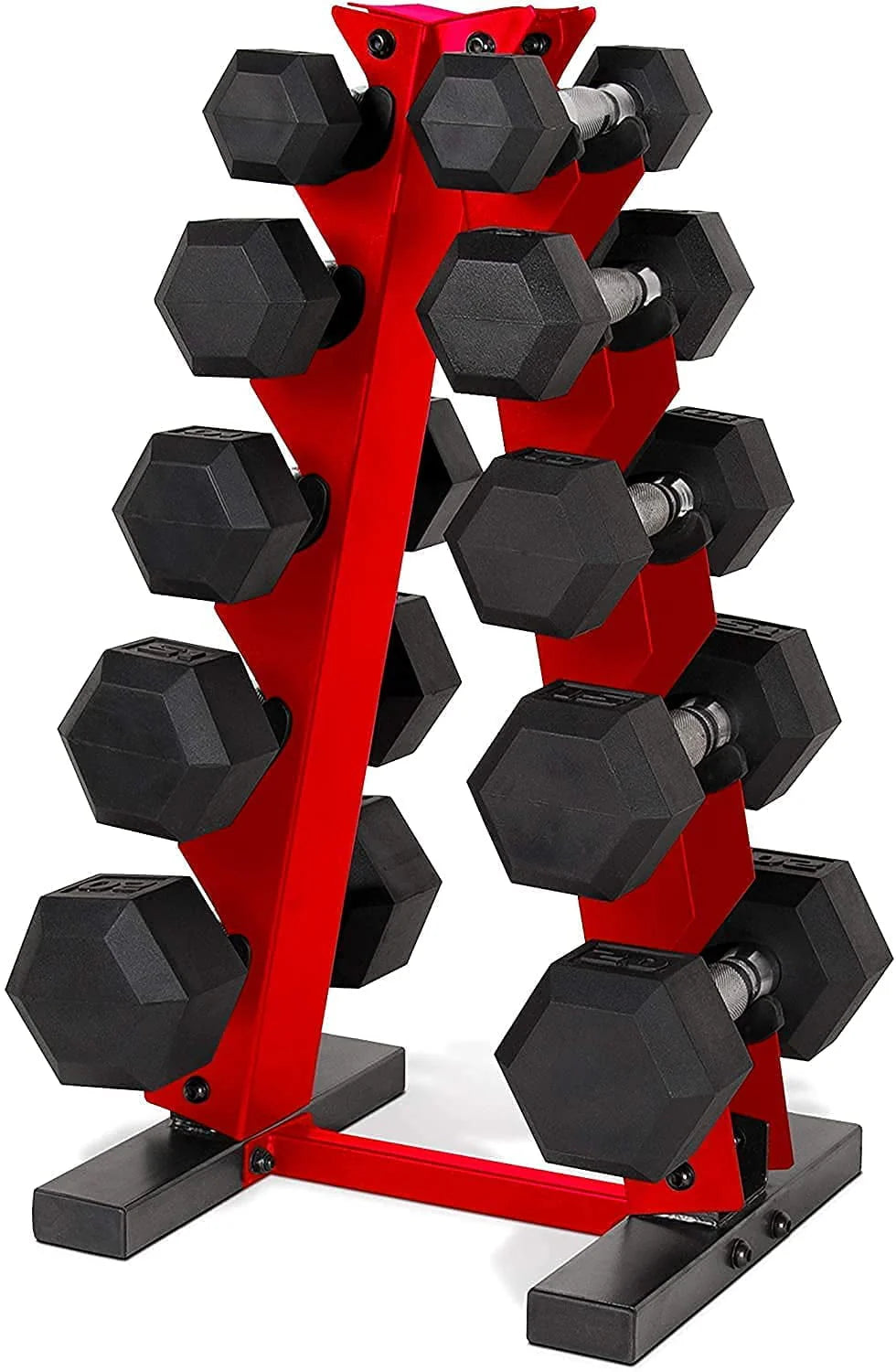 5-25 Lb. Rubber Coated Hex Dumbbell Set with Storage Rack N57976