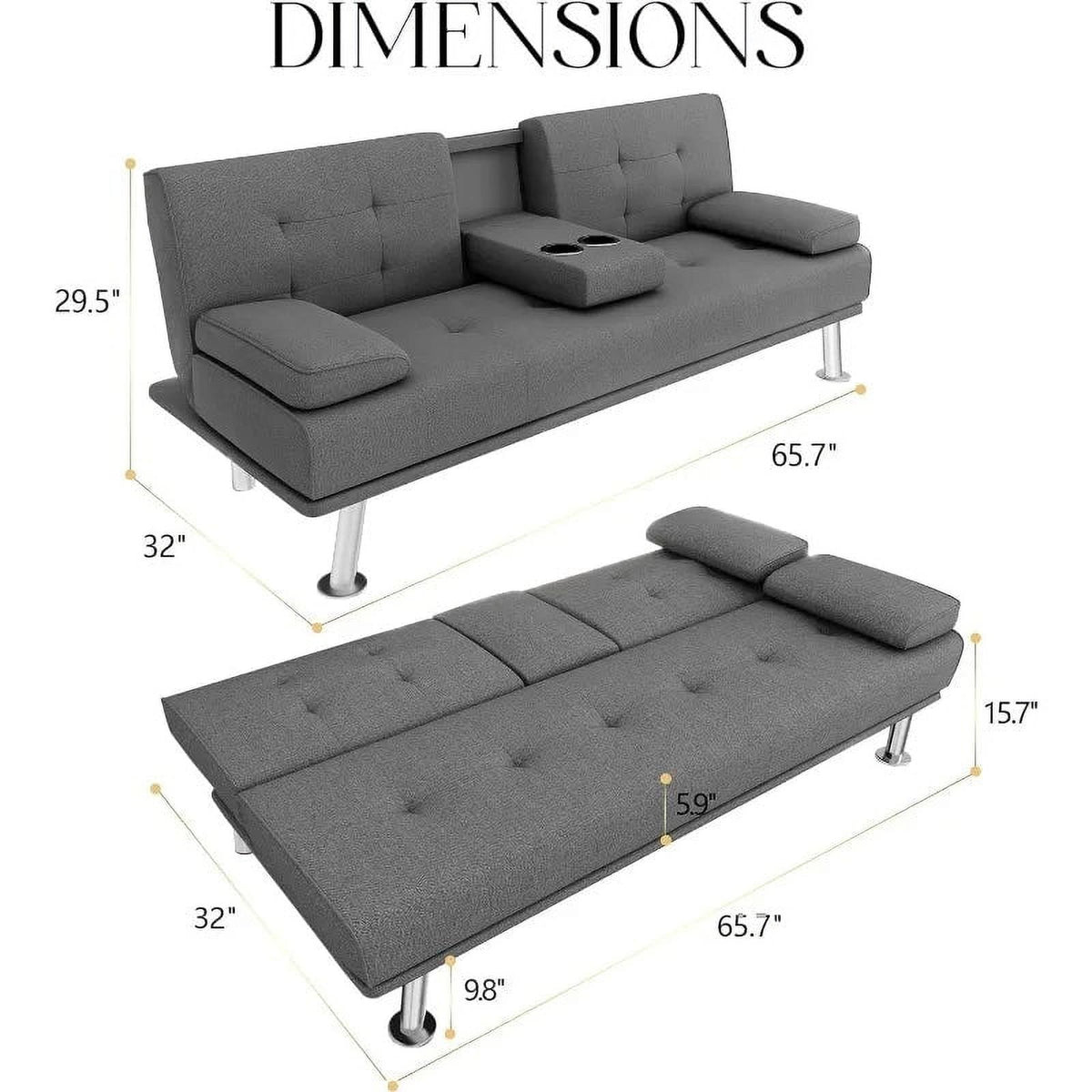 Linen Fabric Futon Sofa Bed with 2 Cup Holders and Pillows J555