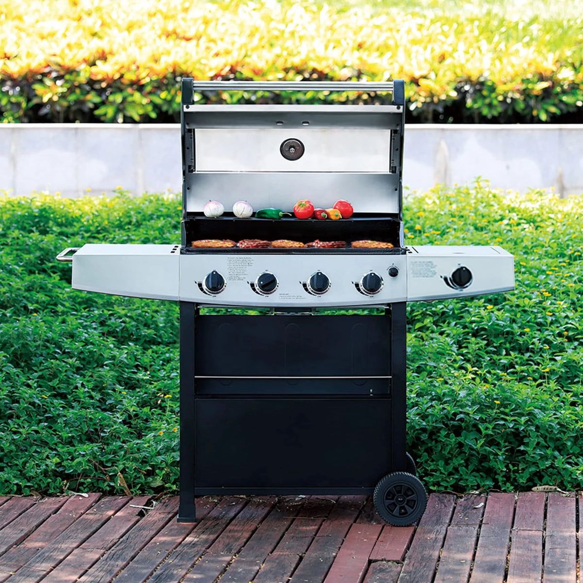 4-Burner Propane Gas Grill with Side Burner, Stainless Steel 60,000 BTU, Black F328386