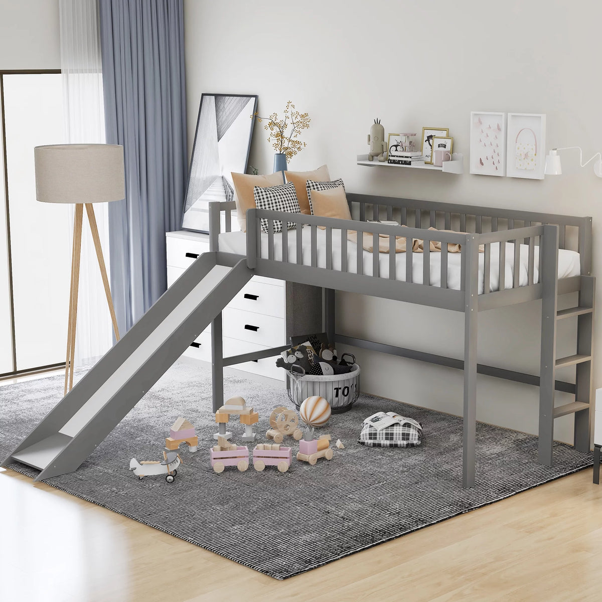 Wood Twin Loft Bed with Ladder and Slide, Gray Z972
