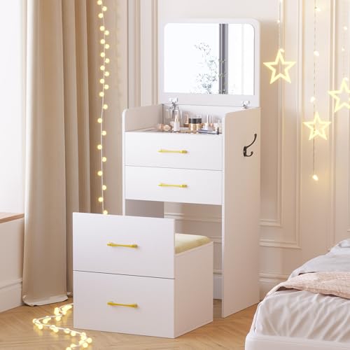 3 in 1 Vanity Desk with Flip Top Mirror and Cushioned Stool U7588