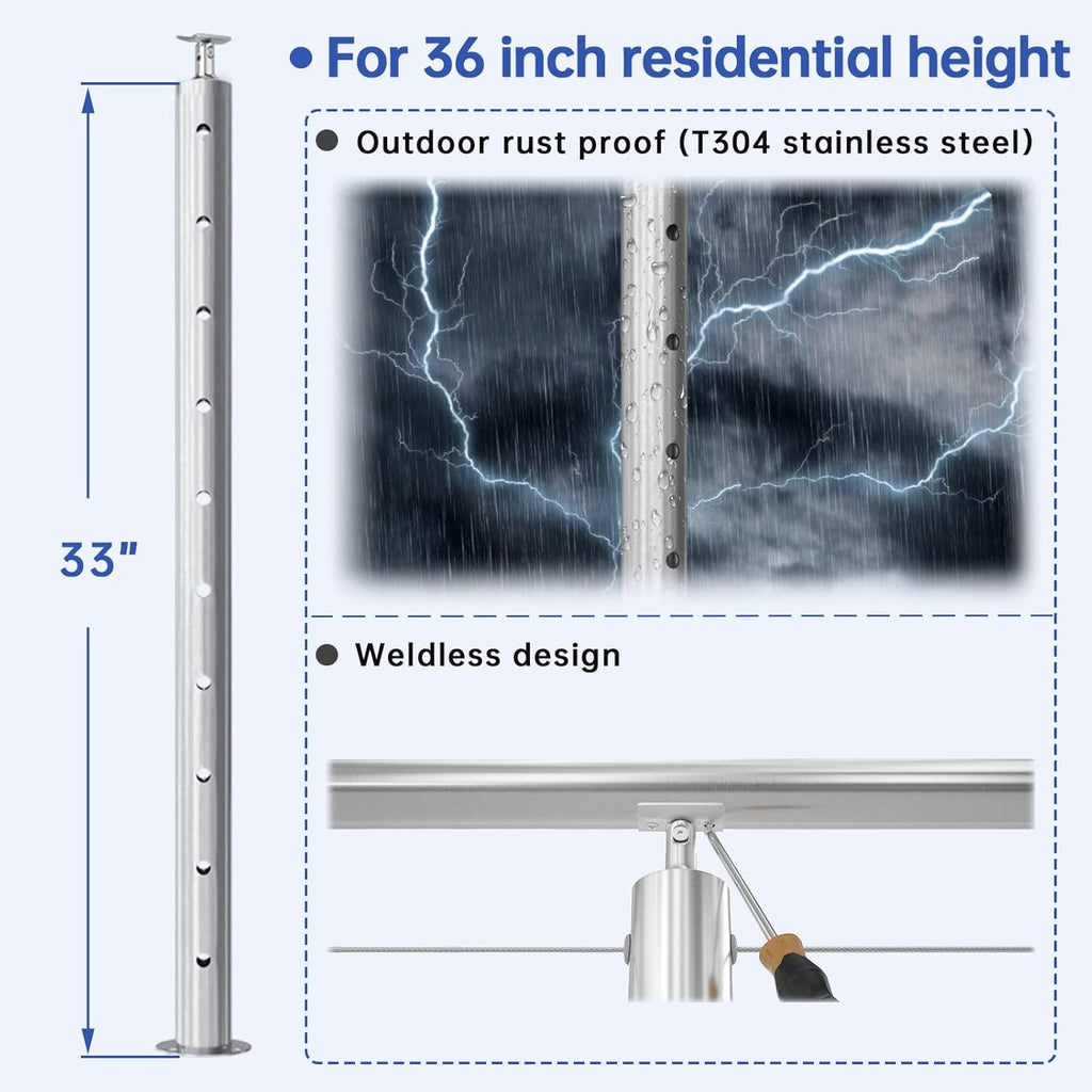 2Pack Stainless Steel Cable Railing Post Round 36x2.36 Surface Mount H3943
