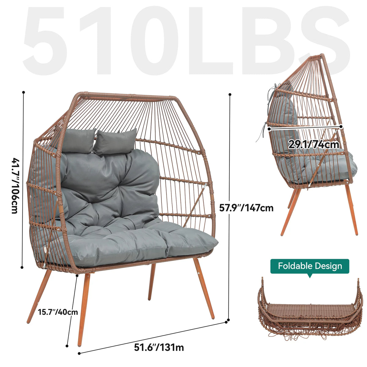 Double Egg Chair with Legs Wicker Egg Chair with Cushions E69362
