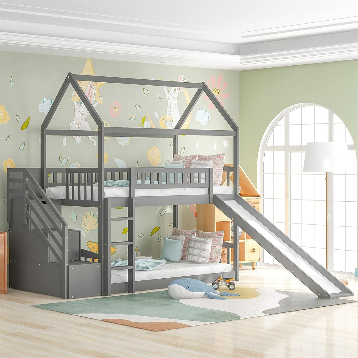 White Twin Over Twin Wood Bunk Bed with Slide and Storage Staircase O469582