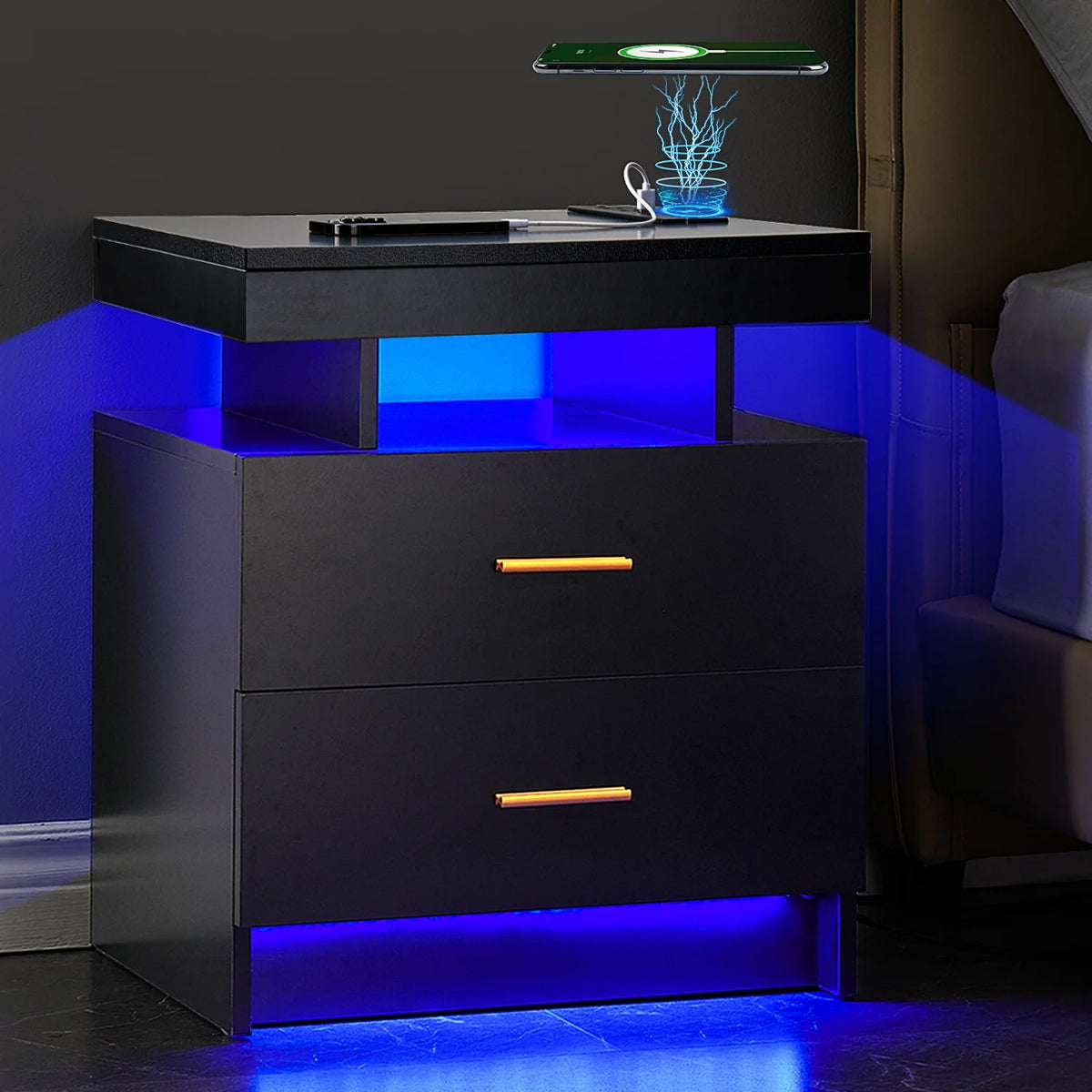 Black 2 Drawer LED Nightstand with Wireless Charging Station P802