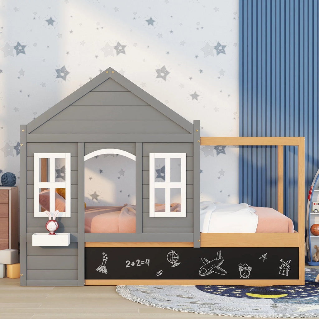 Wood Twin Size House Bed with Roof and Blackboard W1271