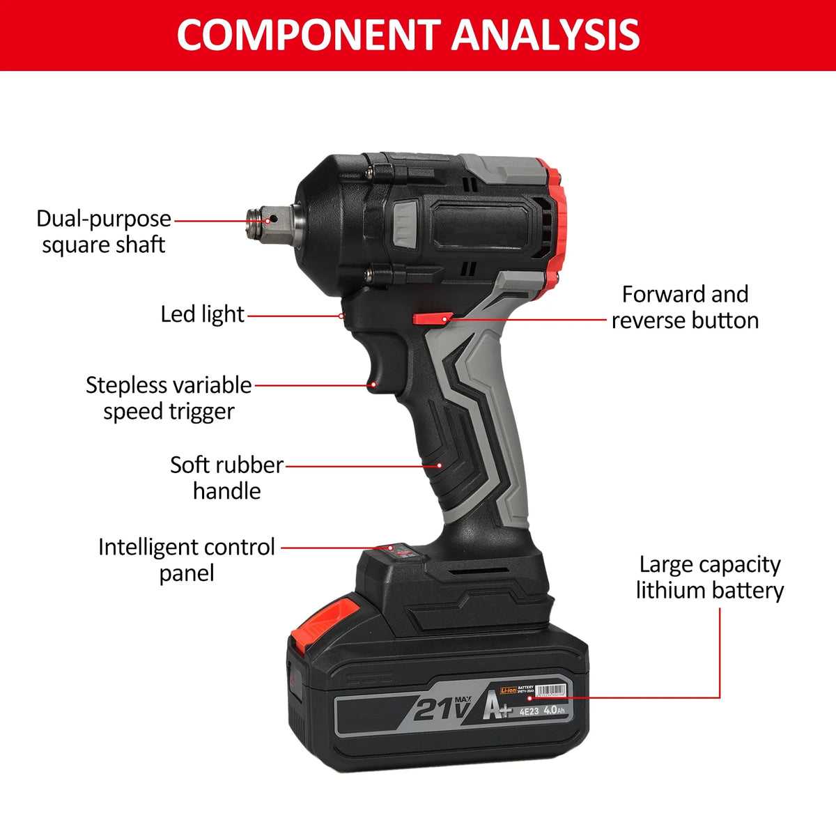 1/2 Inch 21v Electric Wrench with 4.0ah Battery and 17pcs Y618096
