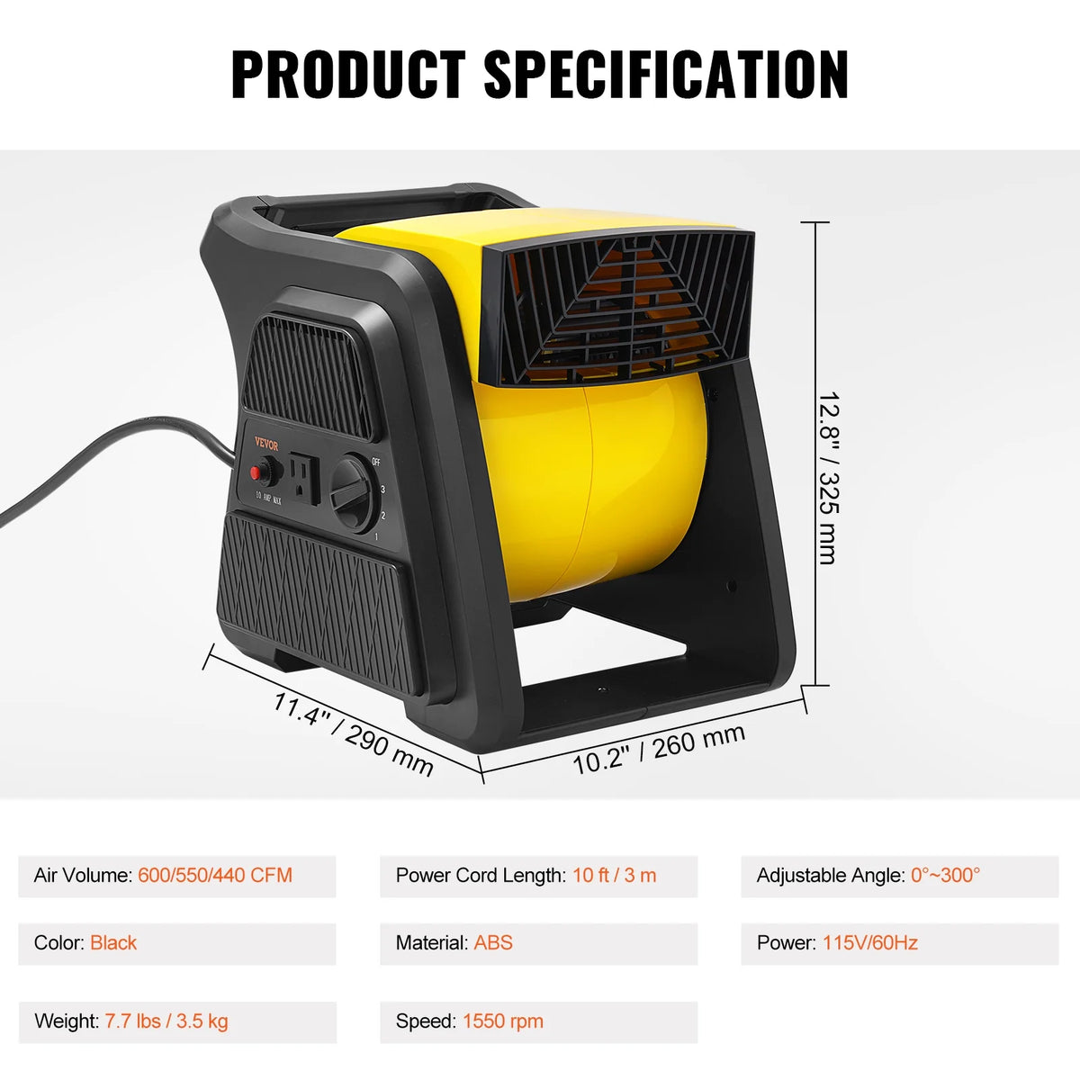 600 CFM 3-Speed Portable Air Mover Floor Blower Fan with Timer S198